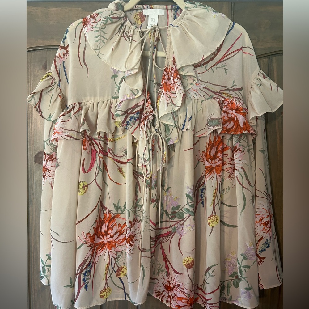 H&M Floral Ruffle Blouse - Cream and Red Size XS to M - Oversized